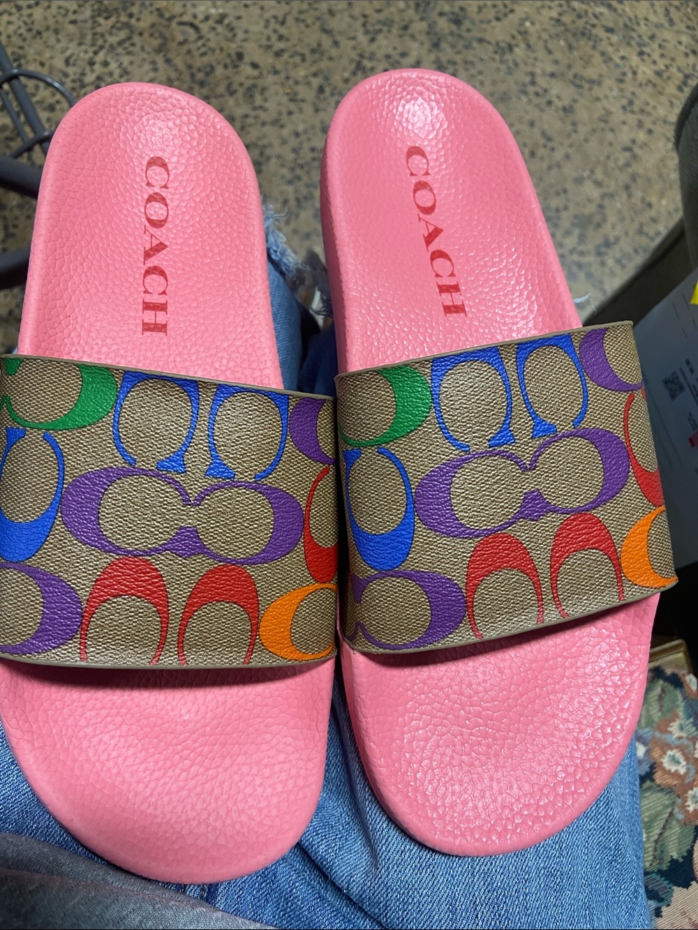 Coach women Pink Slide Sandals with Multicolor Signature Strap 11
